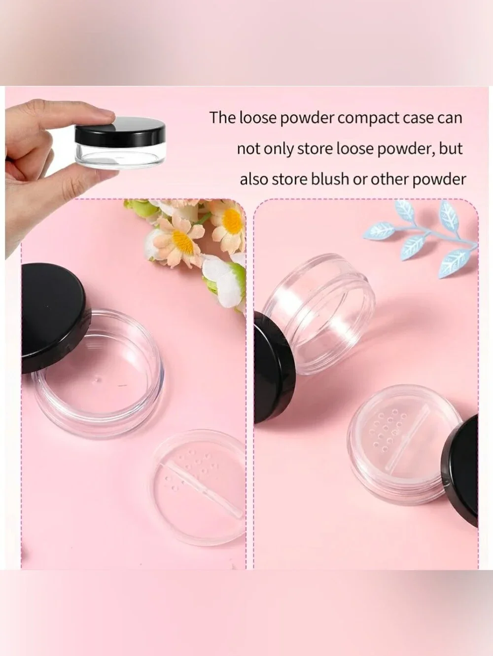 Clear Travel-Friendly Powder Cosmetic Jar with Black Screw Lid & Sifter BNIB